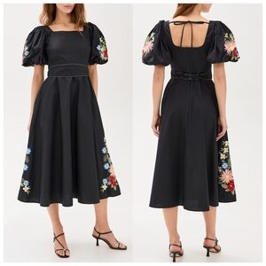 Fanm Mon Black Ruffled Midi Dress with Puff Sleeves
